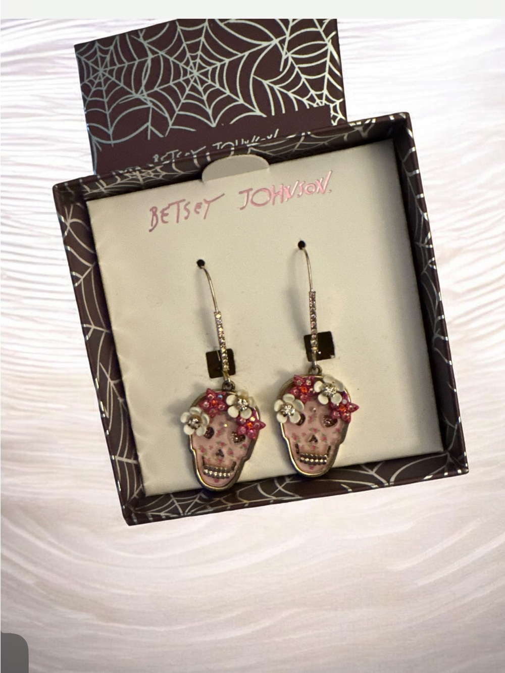 Betsey Johnson Pink Floral Skull Drop Earrings with Gold Accents